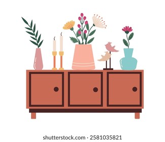 Wooden chest of drawers vases with flowers on it, candles and figurines. Hallway or bedroom with nightstand or chest of drawers with opening doors. Flat vector illustration of home design, cozy