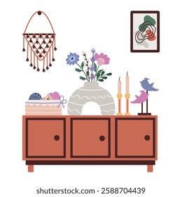 Wooden chest of drawers with vases of flowers on it, candles and a box with yarn. Wooden chest of drawers with opening doors in classic style. Flat vector illustration of home design, cozy room with