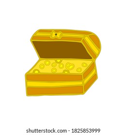 A wooden chest filled with gold treasure. Colored Vector Drawn by hand in doodle style. Treasure Island. chest