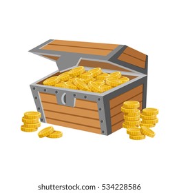 Wooden Chest Filled With Golden Coins, Hidden Treasure And Riches For Reward. Game Design Variation