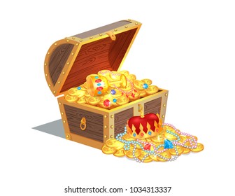 Wooden chest full of ancient royal shiny treasures. King crown, luxurious jewelry and gold coins. Old medieval treasure isolated vector illustration.