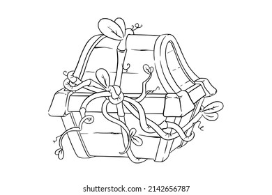 Wooden chest for games. Sketch of treasure chest covered with liana. Vector illustration isolated in white background