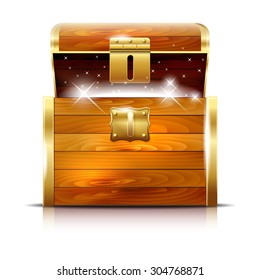 Wooden chest with glowing treasure on white background - vector illustration