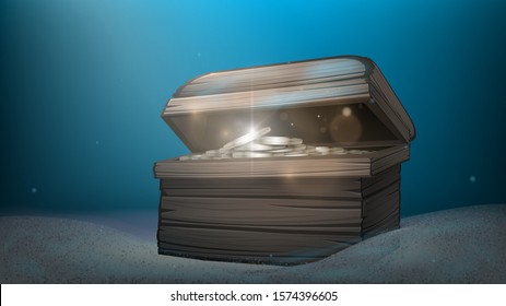 Wooden chest with gold coins on the seabed, treasure of a sunken ship, pirate treasure