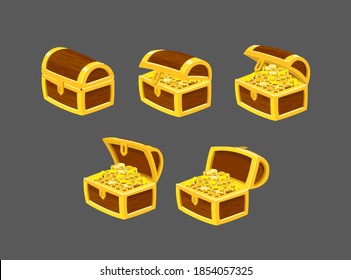 Wooden chest with gold coins with an opening lid. For time-lapse animation. 5 frames. Vector illustration.