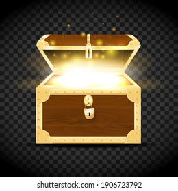 Wooden chest with gold fittings and glowing treasure inside on transparent background - vector illustration