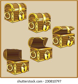 Wooden chest with gold trim. Five positions.