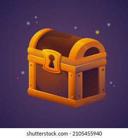 Wooden chest with a golden clip and a lock for game design. Reward for completing a level. Template for mobile, client and browser applications. Volumetric vector colorful object for stylization.