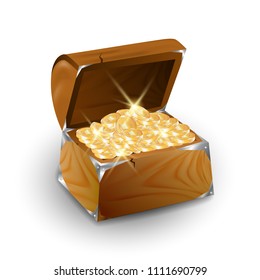 Wooden Chest with Golden Coins Realistic 3d Vector Illustration. Gold Treasure for Game or Lottery Design