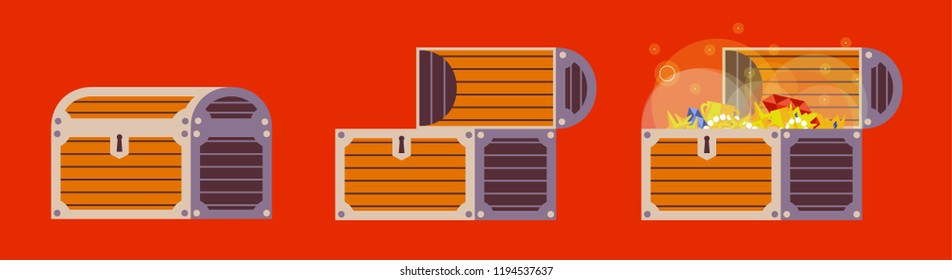 Wooden chest illustration. Closed, open, with treasure inside. Shining gold, crown, brilliants, cups, and stars.