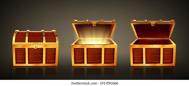 Wooden chest with open and closed lid. Pirate treasure box with magic glow inside. Vector realistic set of old wood trunk with golden fetter. 3d empty vintage coffer isolated on dark background