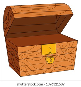 Wooden chest with an open lid and a hinged lock.