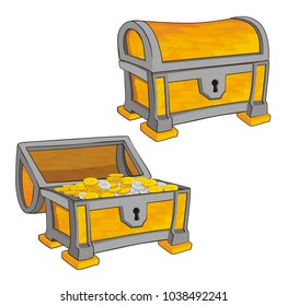 Wooden Chest set for game interface, closed and opened with coins