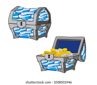 Wooden Chest set for game interface, closed and opened with coins
