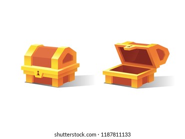 Wooden Chest set for game interface. Vector illustration. Treasure chest of gold coins. Closed, empty, chest with golden coins. Icons cartoon coins for web. Transparent objects. Dollar Sign.