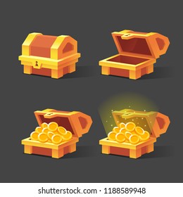 Wooden Chest set for game interface. Vector illustration. Treasure chest of gold coins. Closed, empty, chest with golden coins. Icons cartoon coins for web. Transparent objects. Dollar Sign.