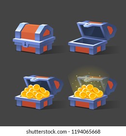 Wooden Chest set for game interface. Vector illustration. Treasure chest of gold coins. 