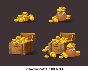 Wooden Chest set for game interface. Vector illustration. treasure of gold coins on dark background: closed, empty, chestes with golden coin.Icons cartoon coins for web. Stack,bag.