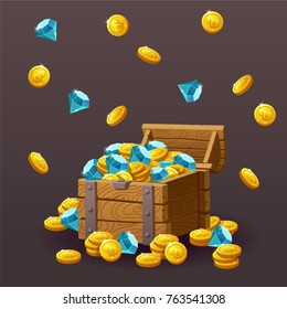 Wooden Chest set for game interface. Vector illustration. Treasure of gold coins, blue crystals, gemstones, gems, diamonds. Icons cartoon coins for web. Business, finance concept. Flying,dropping gold