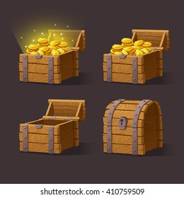 Wooden Chest set para la interfaz de juego.Ilustración vectorial. cofre del tesoro de monedas de oro sobre fondo oscuro: cerrado, vacío, pecho con monedas de oro.