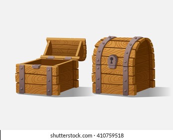 Wooden Chest set for game interface.Vector illustration. treasure chest on white background: closed chest, empty chest.