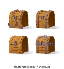 Wooden Chest set for game interface.Vector illustration. treasure of gold coins on white background: closed,lock chain