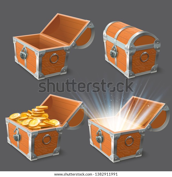 Wooden chest.\
Treasure coffer, old shiny gold case and lock closed or open empty\
chests 3d vector illustration\
set