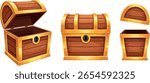 wooden, chest, vector, close, box, vintage, open, gold, cartoon, set, object, antique, treasure, white, isolated, old, lock, retro, ancient, padlock, background, secret, pirate, brown, trunk, containe