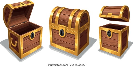 hölzern, kiste, vektor, nahaufnahme, box, vintage, offen, gold, zeichentrick, satz, objekt, antik, schatz, weiß, einzeln, alt, lock, retro, alt, vorhängeschloss, hintergrund, geheim, pirate, braun, stamm, container