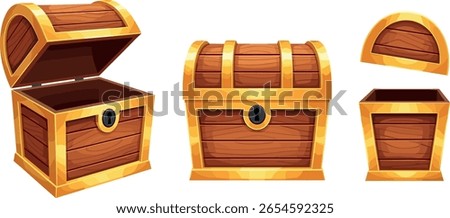 wooden, chest, vector, close, box, vintage, open, gold, cartoon, set, object, antique, treasure, white, isolated, old, lock, retro, ancient, padlock, background, secret, pirate, brown, trunk, containe