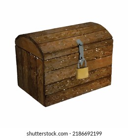 Wooden chest vector. Coffer on white background. Retro crate illustration. Treasure box. Pirate style. Marine adventure. Buccaneer stuff. Watercolor. Clipart for logo, greeting card and decoration.