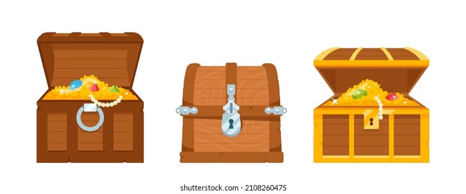Holzkisten mit offenen und geschlossenen Liden. Pirate Schatzkasten mit Münzen und Juwelen Innen. Alter Holzstamm mit goldenem Fetter. Vintage-Koffer einzeln auf weißem Hintergrund. Cartoon-Vektorgrafik