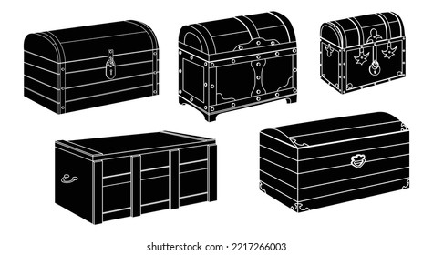 Wooden chests set of silhouettes. Chests with metal edging simple icons.