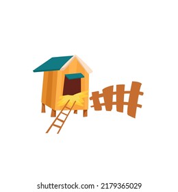 Wooden chicken coop with a fence. Vector cartoon illustration. The concept of agriculture, poultry farm.