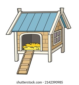 Wooden chicken coop with ladder in blue and natural color variation for coloring book on white background