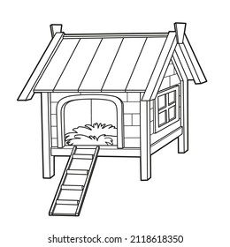 Wooden chicken coop with ladder outlined for coloring book on white background