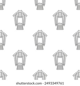 wooden chicken coop with ladder outlined for coloring book on white background, black and white seamless pattern