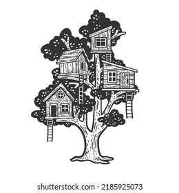 Wooden children tree houses on tree sketch engraving vector illustration. Scratch board imitation. Black and white hand drawn image.