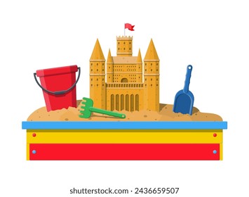 Wooden childrens sandbox for games. Sandbox with seats. Sand castle handmade sculpture. Plastic bucket with rake, shovel. Kids playground. Vector illustration in flat style