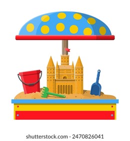 Wooden childrens sandbox for games. Sandbox with seats and roof mushroom. Sand castle handmade sculpture. Plastic bucket with rake, shovel. Kids playground. Vector illustration in flat style