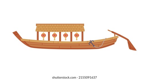 Wooden Chinese Rowboat as Watercraft or Swimming Water Vessel Vector Illustration