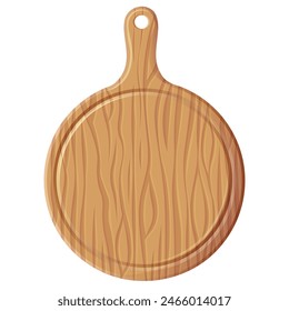 Wooden chopping board isolated on white background. Wooden pizza and cutting board. Illustration for food shop, cafe, bar, party, food concept. Vector illustration for menu, poster, website, banner