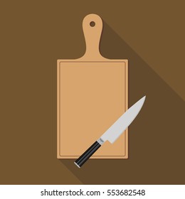 Wooden Chopping Board and knife. Flat style vector illustration