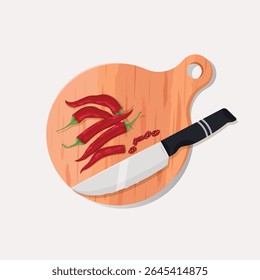 Tabuleiro de corte de madeira e faca com design de estoque de chili vermelho fatiado