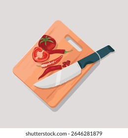Tabuleiro de corte de madeira e faca com chili vermelho fatiado e design de estoque de tomates