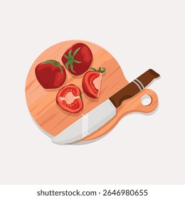 Placa de corte de madeira com faca e tomates ilustração de projeto de estoque