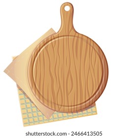 Wooden chopping board with napkin isolated on white background. Round cutting board. Illustration for food shop, cafe, bar, party, food concept. Vector illustration for menu, poster, website, flyer