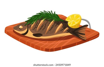 Wooden chopping board with whole fried fish and seasoning with rosemary, lemon. Vector illustration of barbecue fish. Ready-made dish to serve. It is suitable for demonstrating recipes, cooking