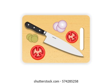 Wooden chopping or cutting board with chef knife on white background. Vector illustration.