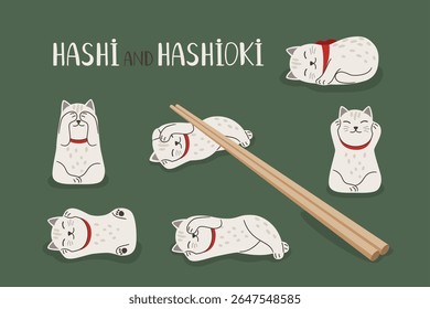 Hashi de pauzinhos de madeira e gatos bonitos Hashioki vetor coleção arte original